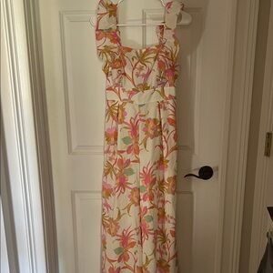 Women's Floral Ruffle-Strap Wide Leg Jumpsuit- Cream with Pink & Orange